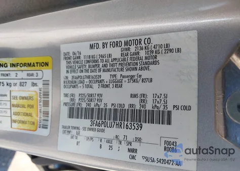 2017 Ford Fusion Hybrid Se из США, поврежденный, VIN 3FA6P0LU7HR163539